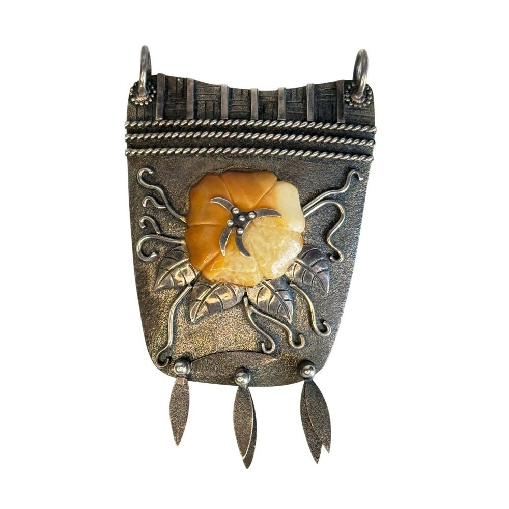 Zealandia Sterling Silver Tribal Flower Pendant With Honey Tone Carved Center 2 - Picture 5 of 7